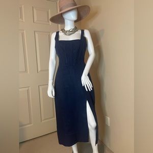 Staud Portrait Square-Neck Navy Linen Dress with Slit - 10